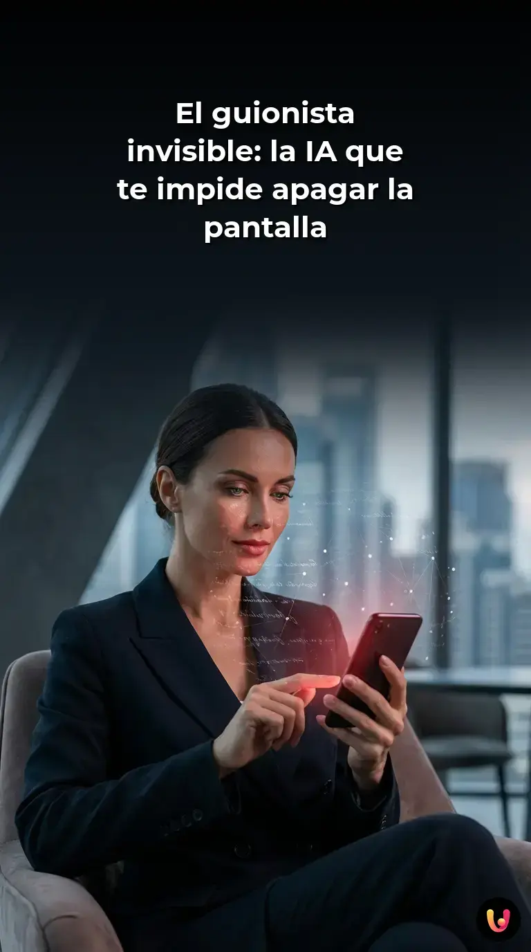Persona mirando un dispositivo m&oacute;vil rodeada de datos visuales.
