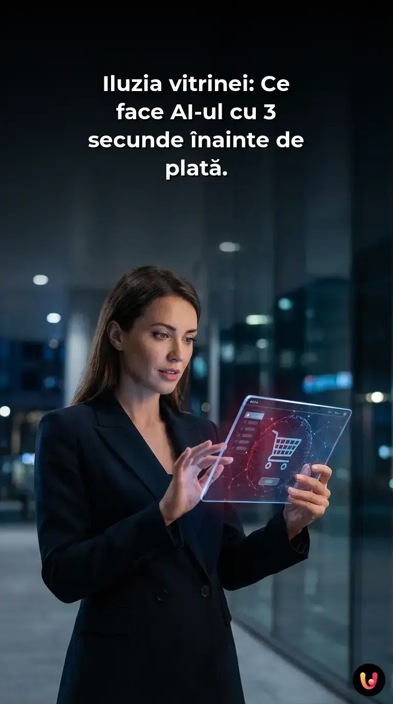 Un utilizator apasă butonul de plată pe laptop &icirc;n timp ce algoritmii AI analizează ecranul.