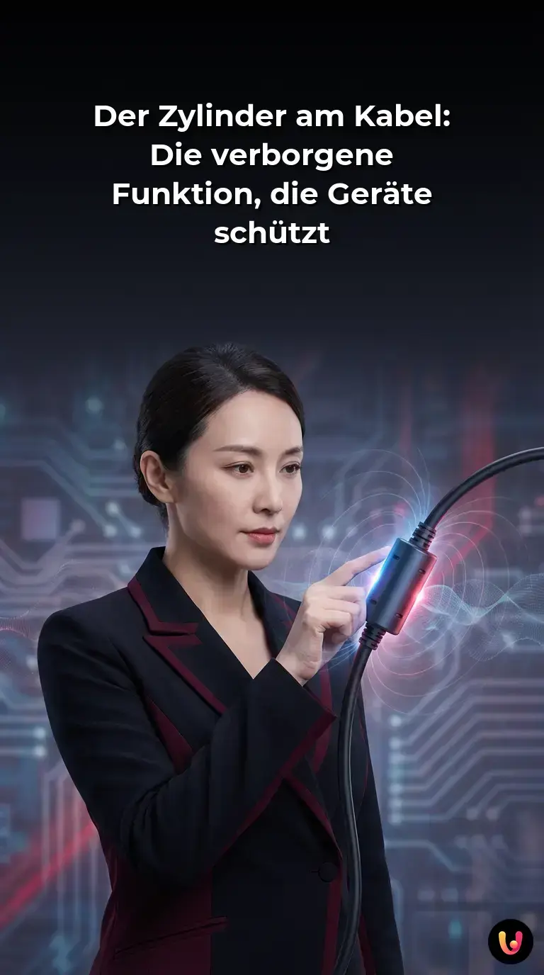 Nahaufnahme eines schwarzen Ladekabels mit einem dicken, zylinderf&ouml;rmigen Ferritkern.