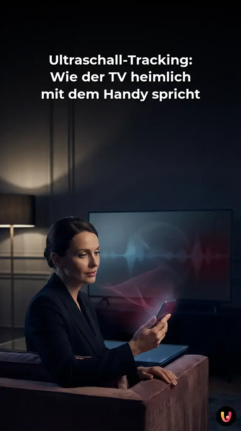 Ein Smart-TV sendet unsichtbare Schallwellen an ein Smartphone auf einem Sofa.