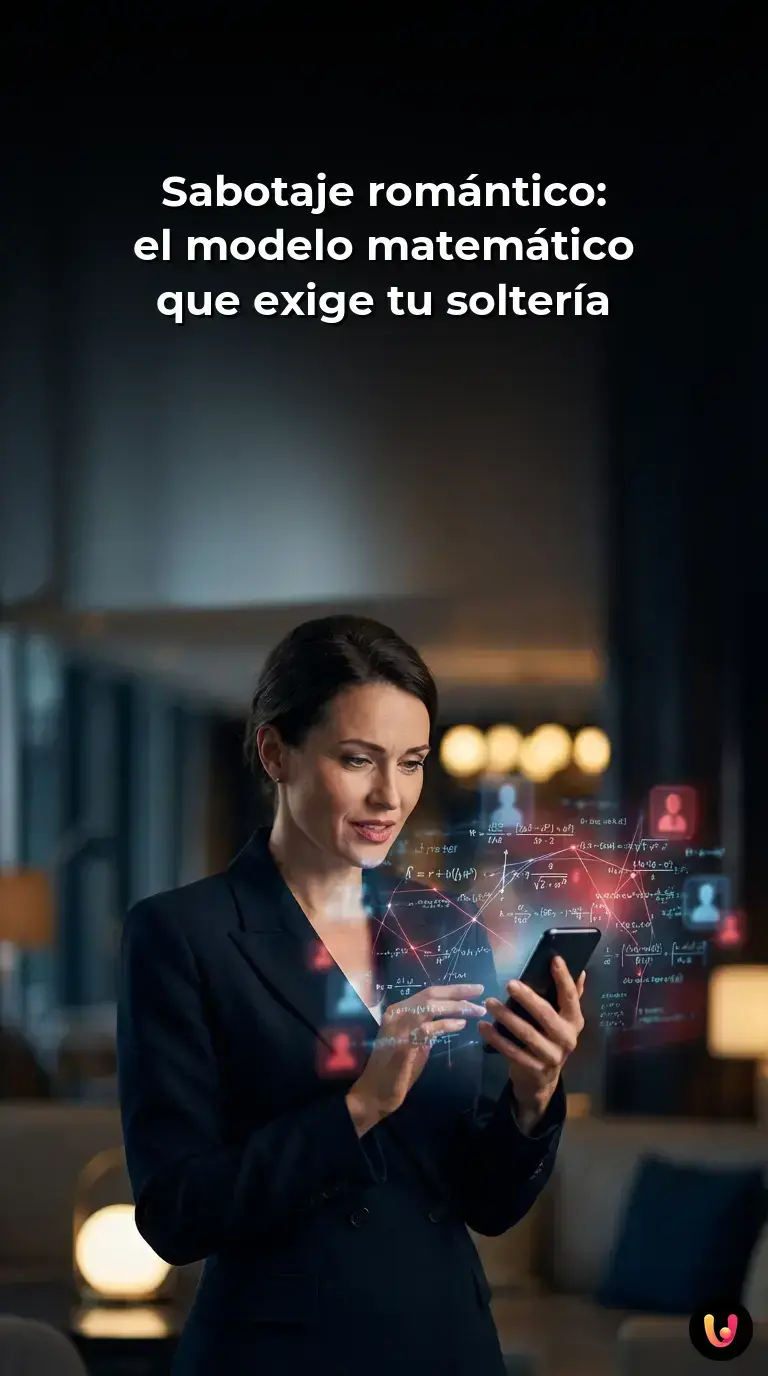 Tel&eacute;fono m&oacute;vil mostrando perfiles de citas rodeado de f&oacute;rmulas matem&aacute;ticas.