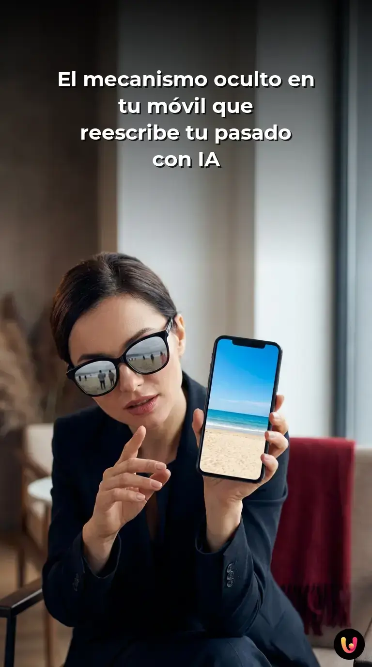 Usuario sosteniendo un smartphone con una playa soleada frente a un paisaje real nublado y gris