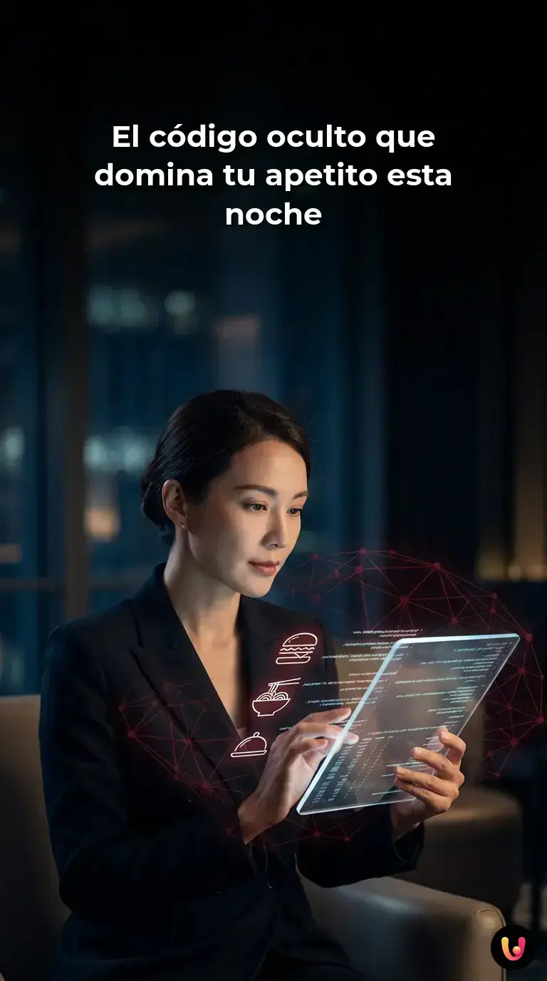 Usuario mirando su tel&eacute;fono m&oacute;vil mientras la inteligencia artificial procesa opciones de comida.