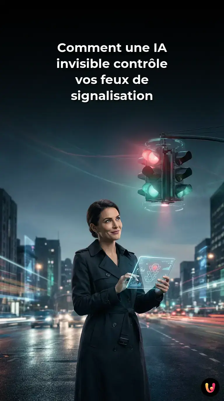 Intersection urbaine nocturne avec un feu de signalisation vert et des tra&icirc;n&eacute;es lumineuses