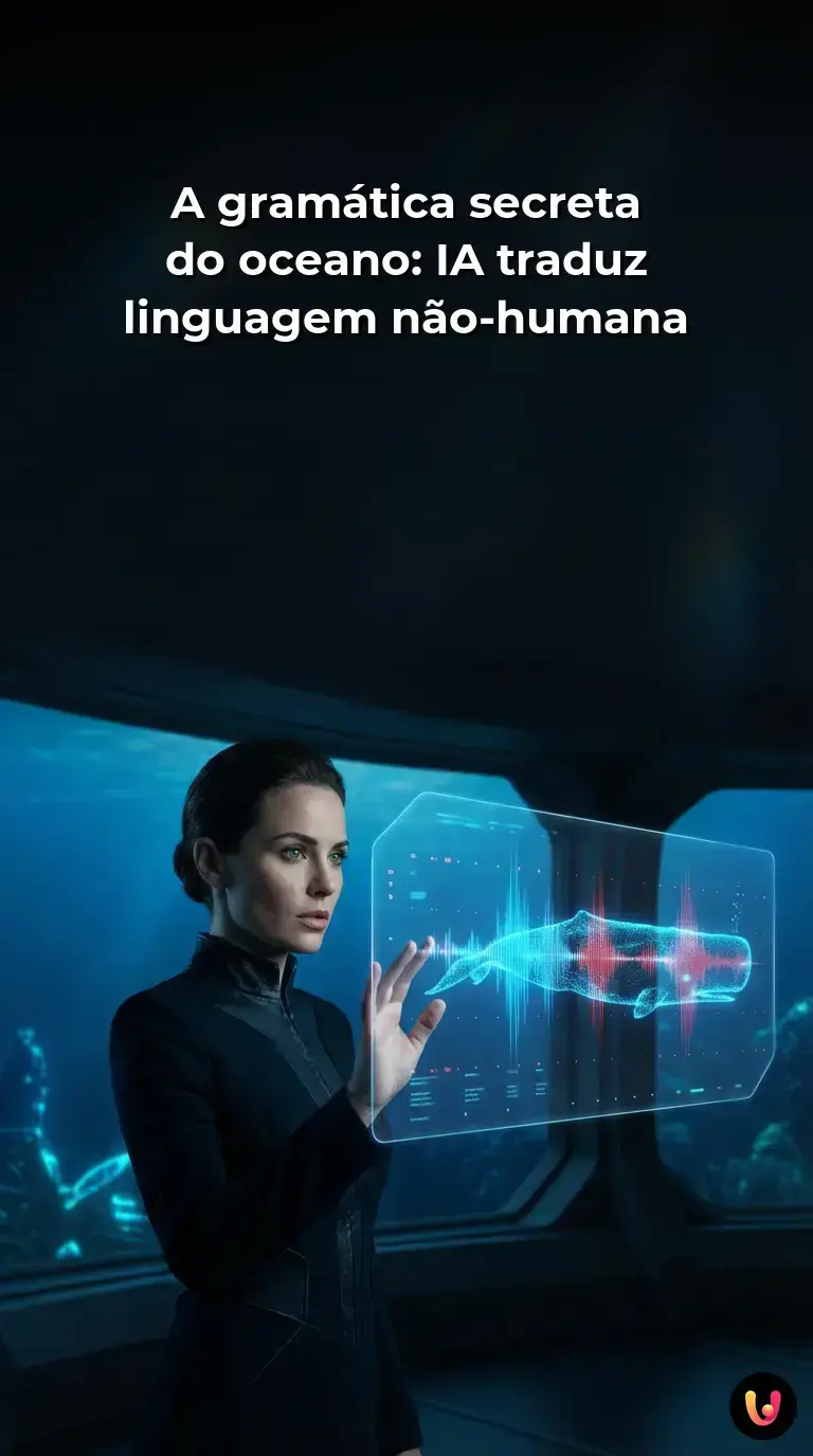 Um cachalote no fundo do oceano cercado por ondas sonoras digitais sendo processadas por IA.