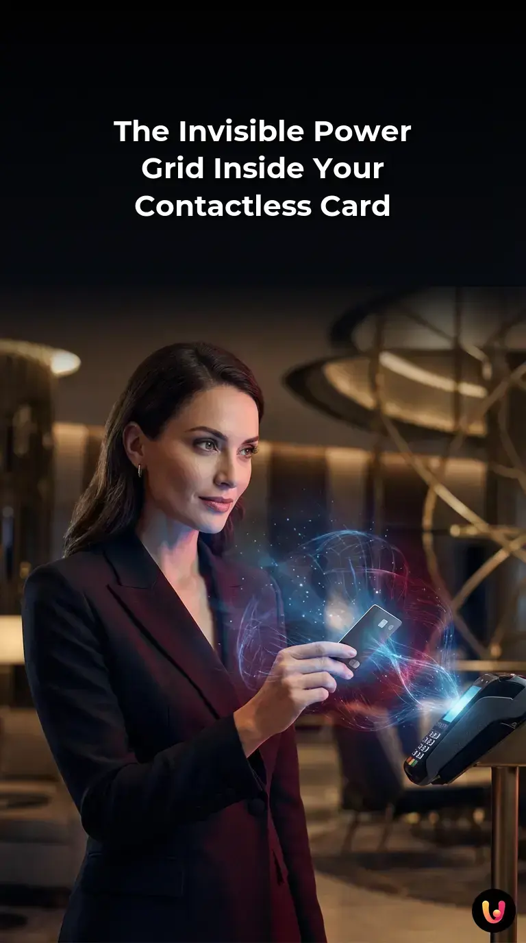 A contactless credit card hovering over a payment terminal during a secure wireless transaction.