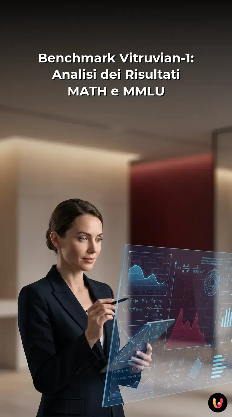 Interfaccia digitale avanzata che elabora i dati dei test MATH e MMLU del modello Vitruvian-1.