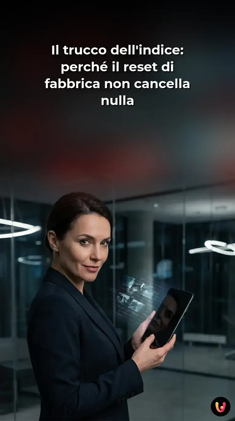 Schermo di uno smartphone durante un reset di fabbrica con codici binari nascosti sullo sfondo.