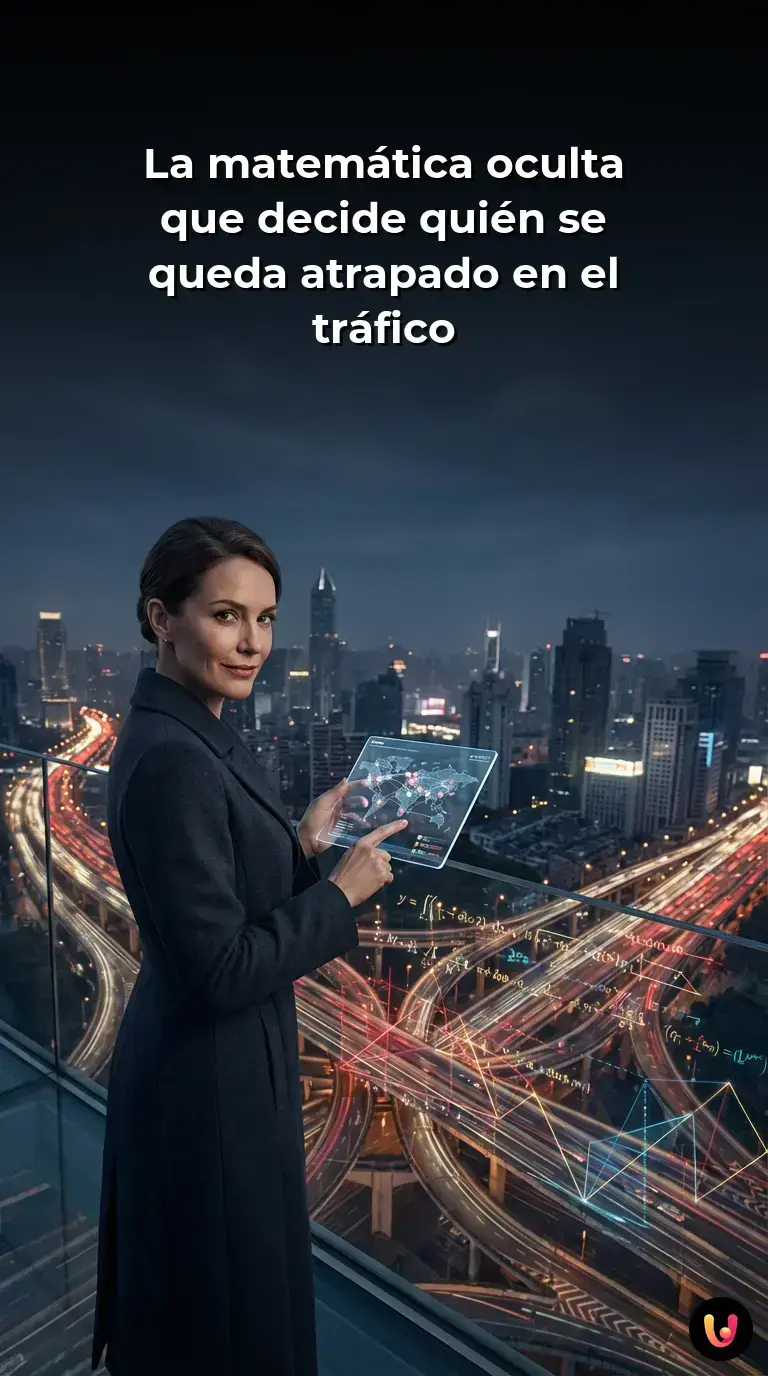 Interfaz digital de mapa superpuesta sobre una vista a&eacute;rea de coches en un atasco.