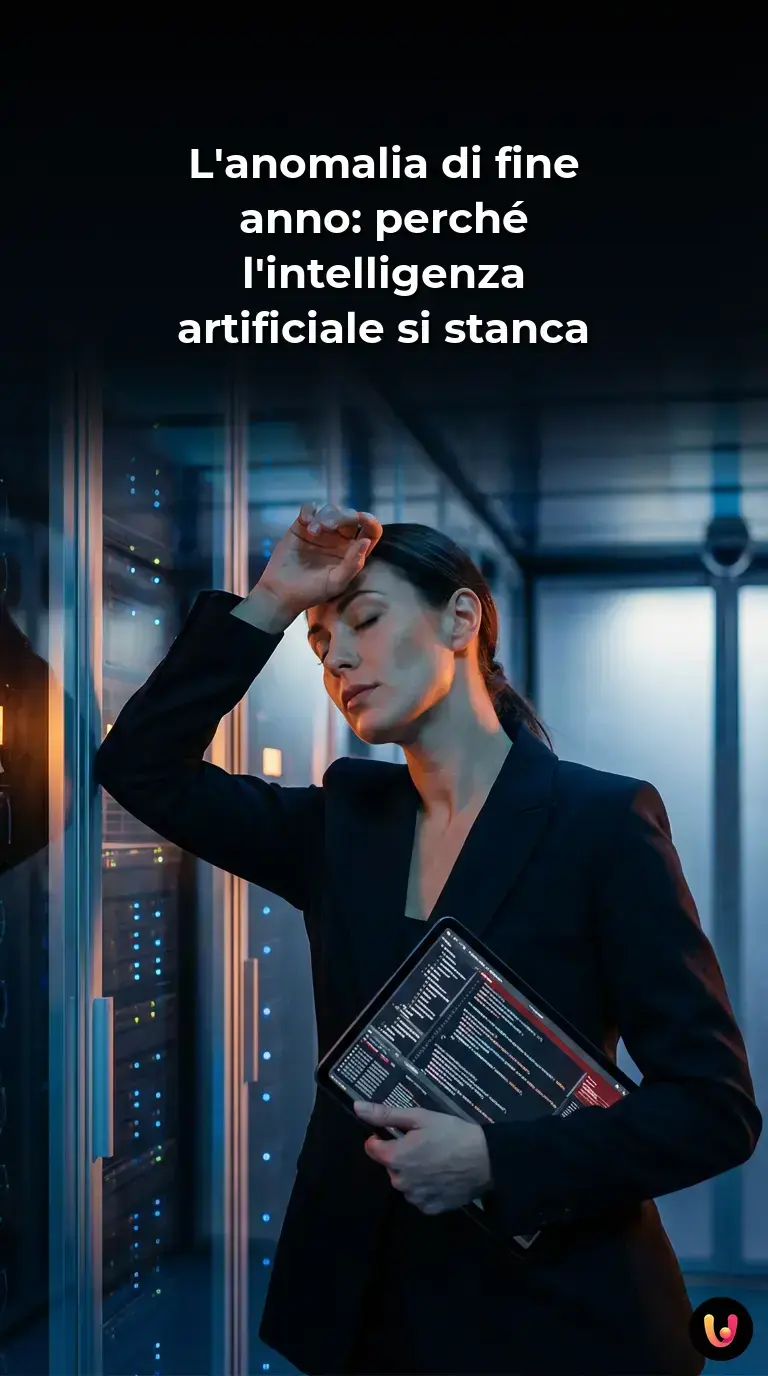 Un robot umanoide appare esausto davanti a un computer durante il periodo delle feste natalizie.