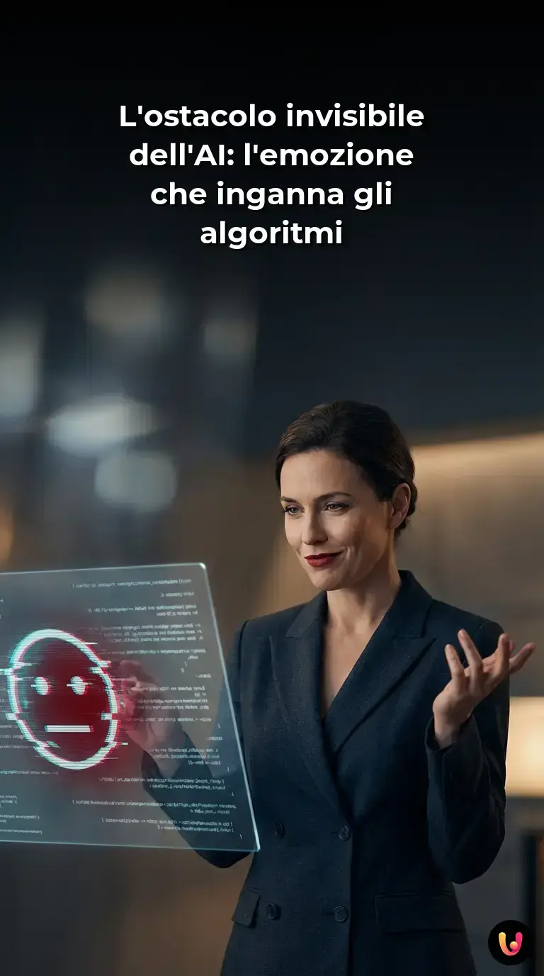 Volto umano con espressione enigmatica di fronte a una rete neurale digitale luminosa.