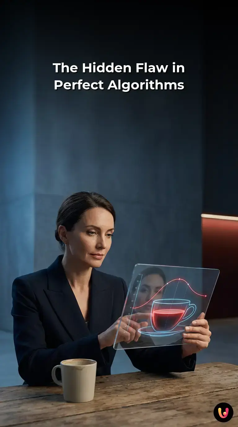 A glowing robotic mind analyzing a remarkably ordinary cup of coffee on a plain wooden table.