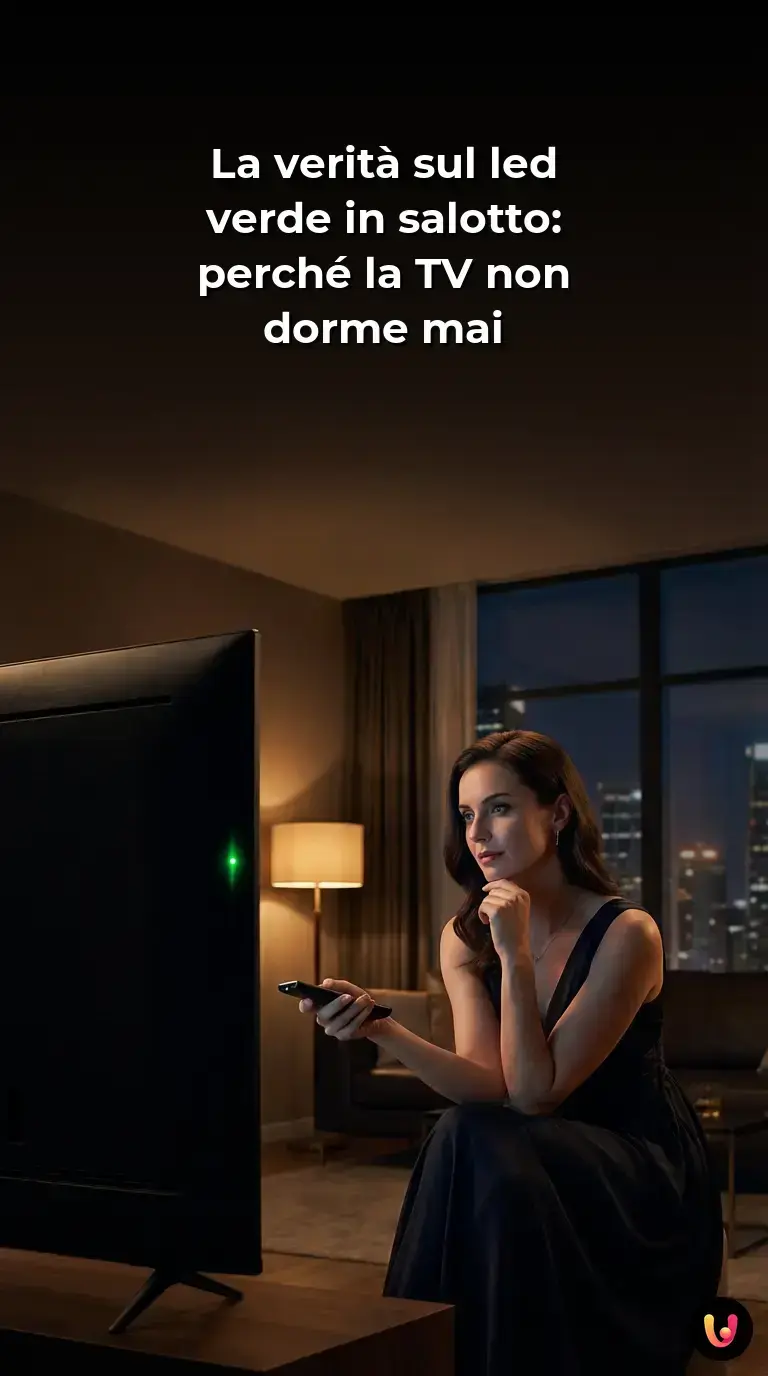 Un led verde acceso sulla cornice di una Smart TV in un salotto buio.