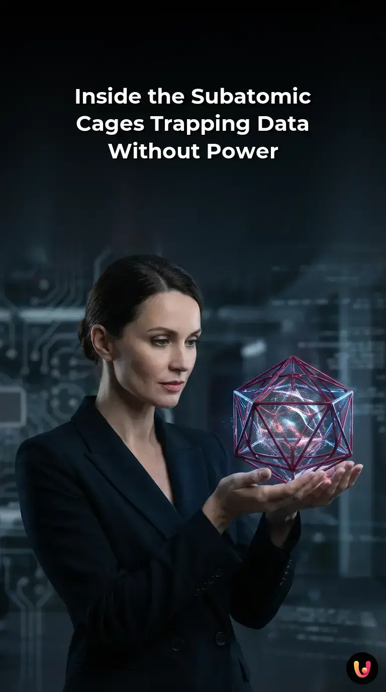 Conceptual view of glowing digital data securely trapped inside a microscopic microchip structure.