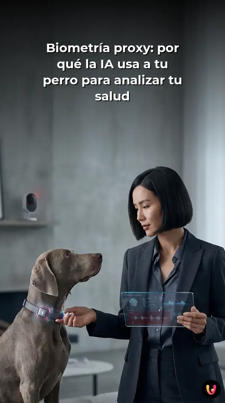 Perro en un salón frente a una cámara inteligente que analiza sus movimientos y ladridos.