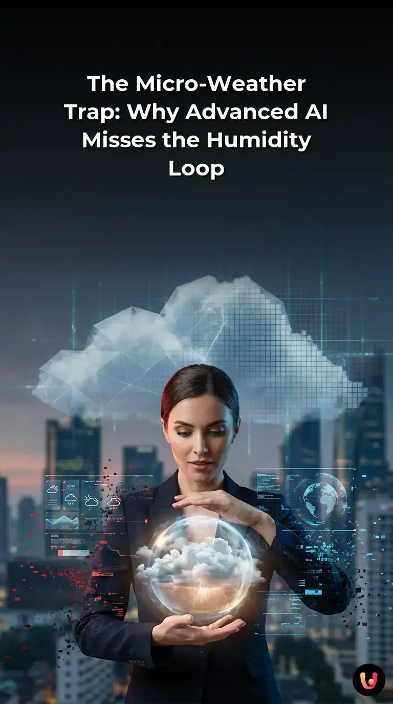 Digital grid overlaying a small rain cloud forming rapidly above a damp urban street.