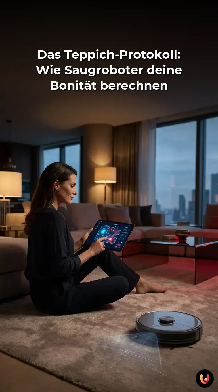 Ein Saugroboter scannt den Bodenbelag und sammelt Daten in einem modernen Wohnzimmer.