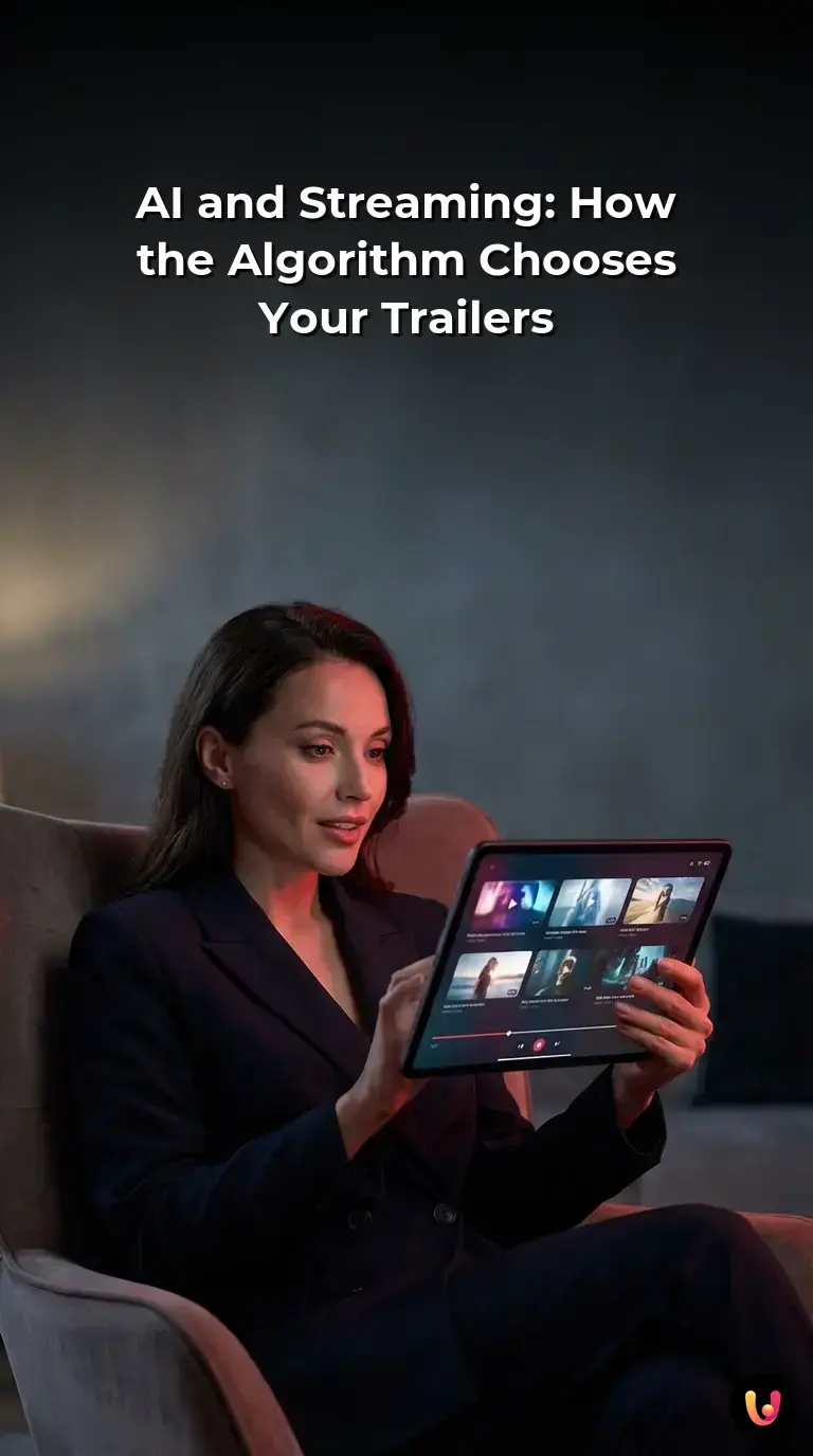 Glowing digital interface displaying personalized movie trailers and streaming data algorithms.