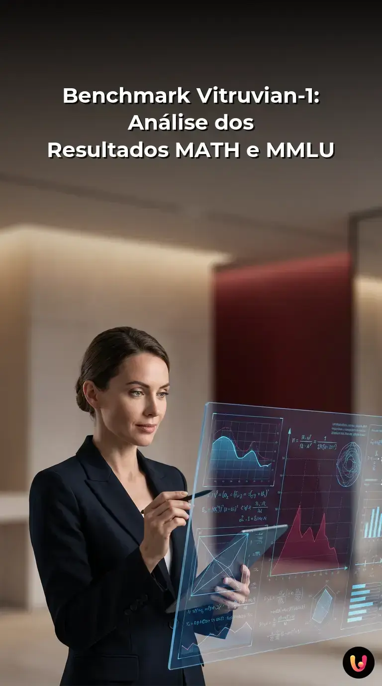Dados visuais sobre o desempenho hist&oacute;rico do Vitruvian-1 nos testes cognitivos MATH e MMLU.