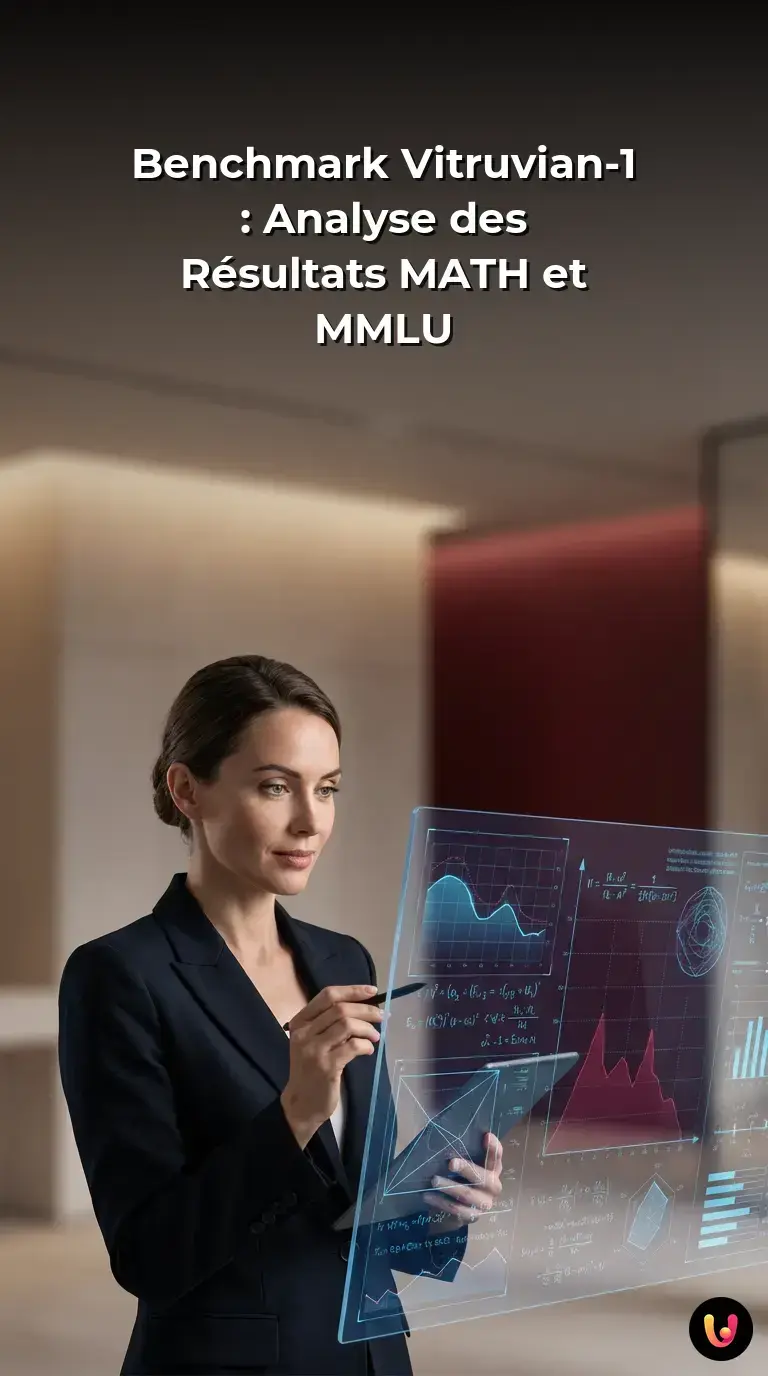 Graphiques détaillant les scores exceptionnels de Vitruvian-1 aux évaluations MATH et MMLU en 2026.