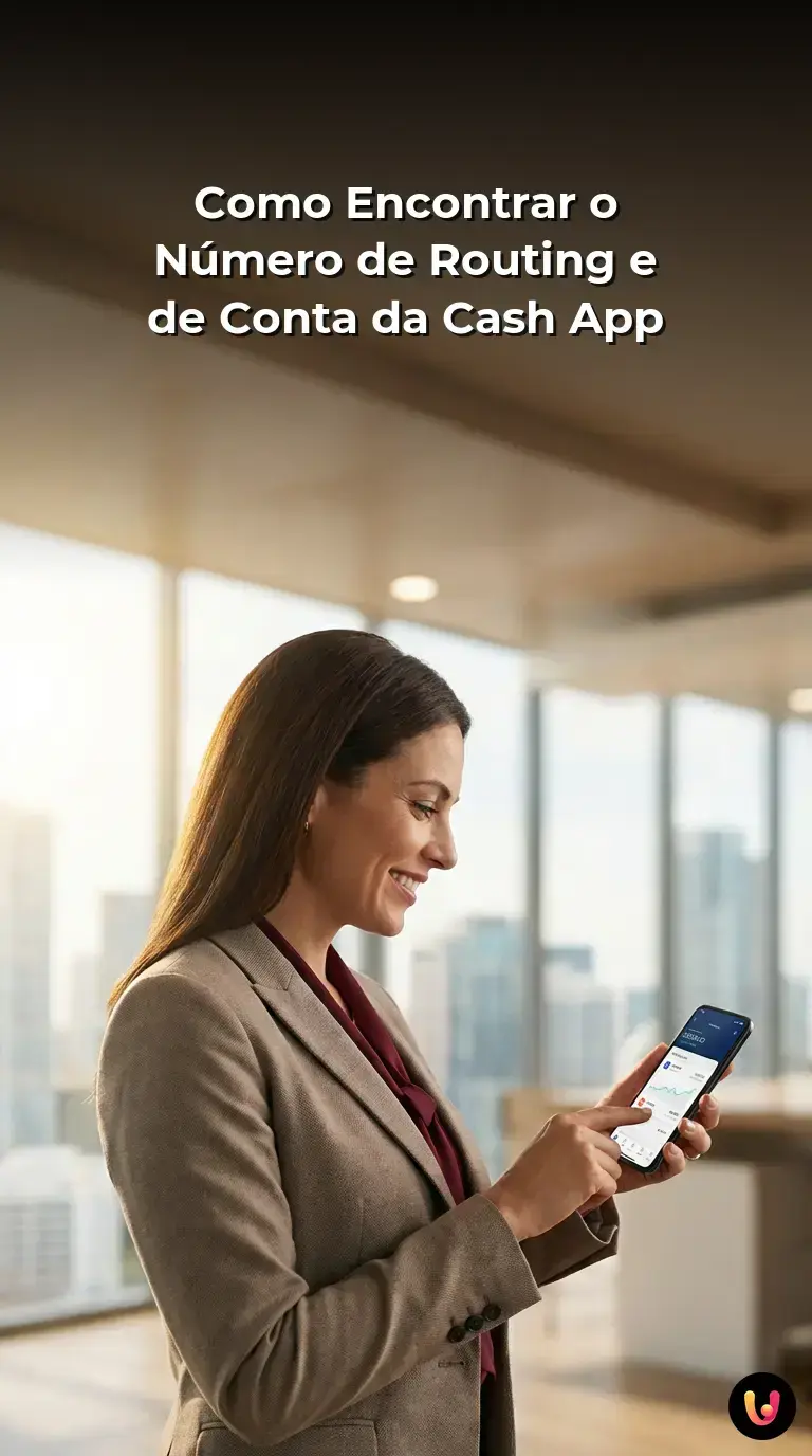 Ecrã da Cash App destacando a localização do número de routing e conta para depósito direto.