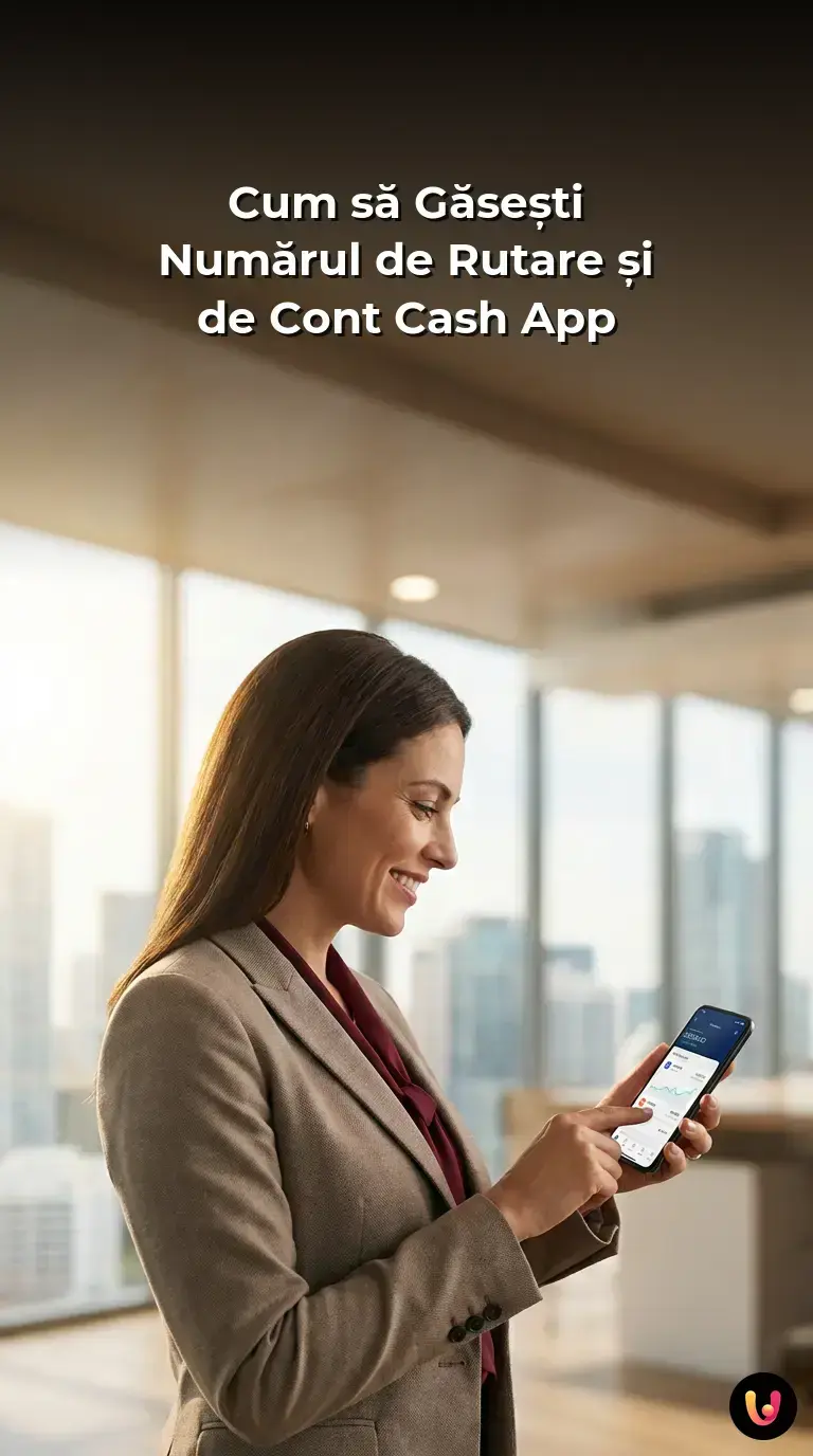 Pașii detaliați pe un ecran de telefon pentru obținerea datelor bancare &icirc;n aplicația Cash App.