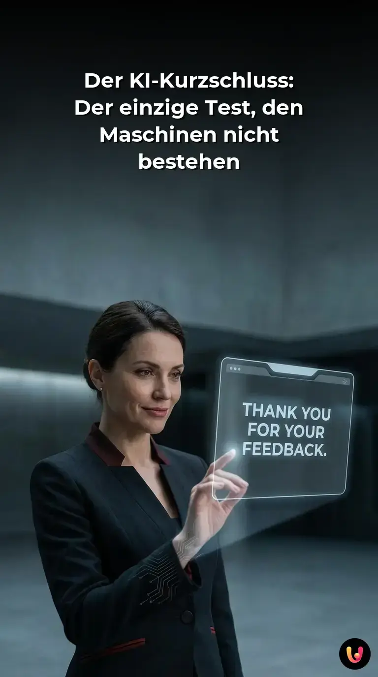 Ein Roboter betrachtet verwirrt einen Textbildschirm mit einem sarkastischen Witz.