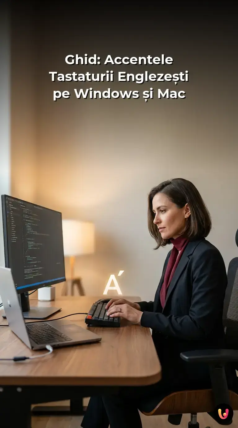 Tastatură cu layout englezesc conectată la un laptop pentru redactarea textelor cu accente.