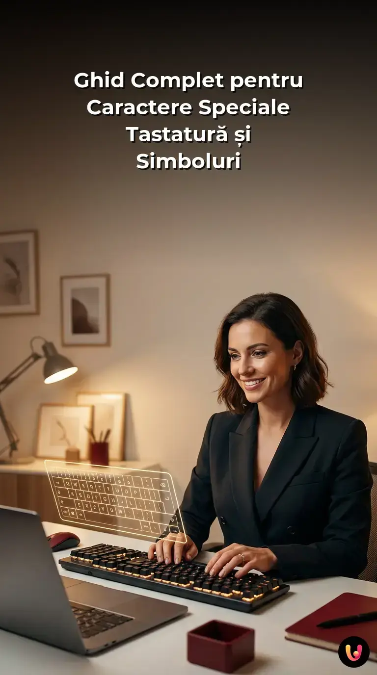 Infografic cu taste modificatoare și caractere speciale pe o tastatură QWERTY.