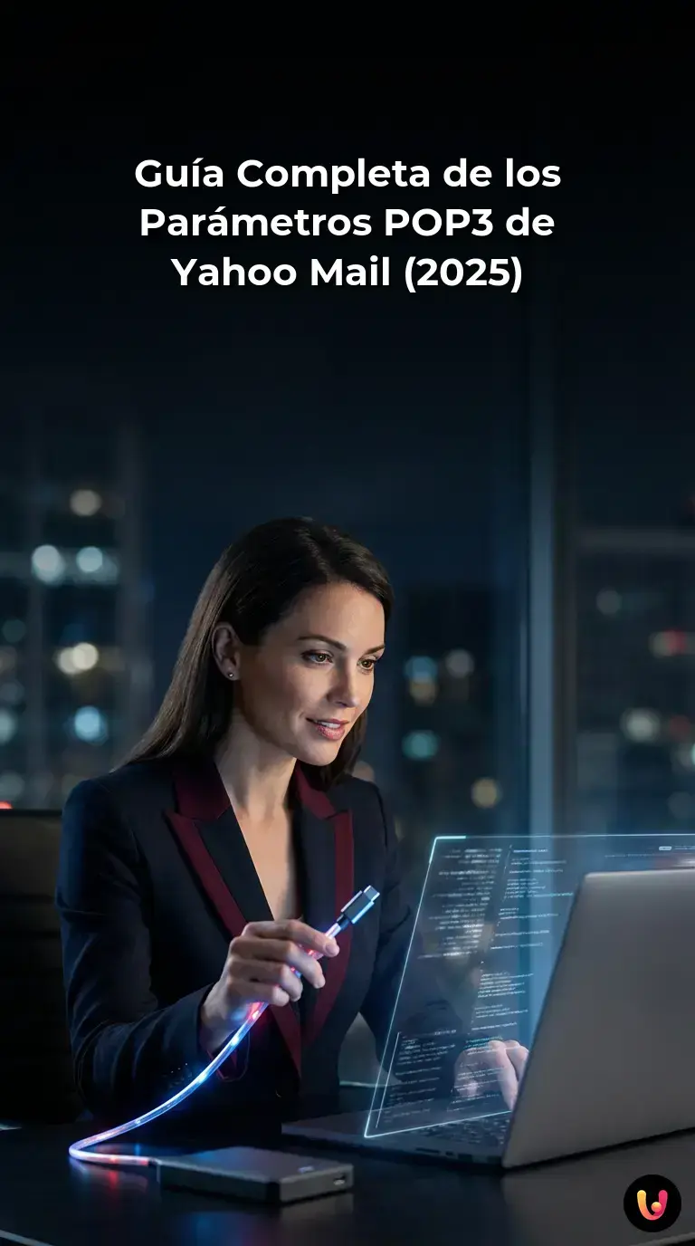 Esquema visual con los par&aacute;metros de configuraci&oacute;n POP3 para Yahoo Mail en 2025.
