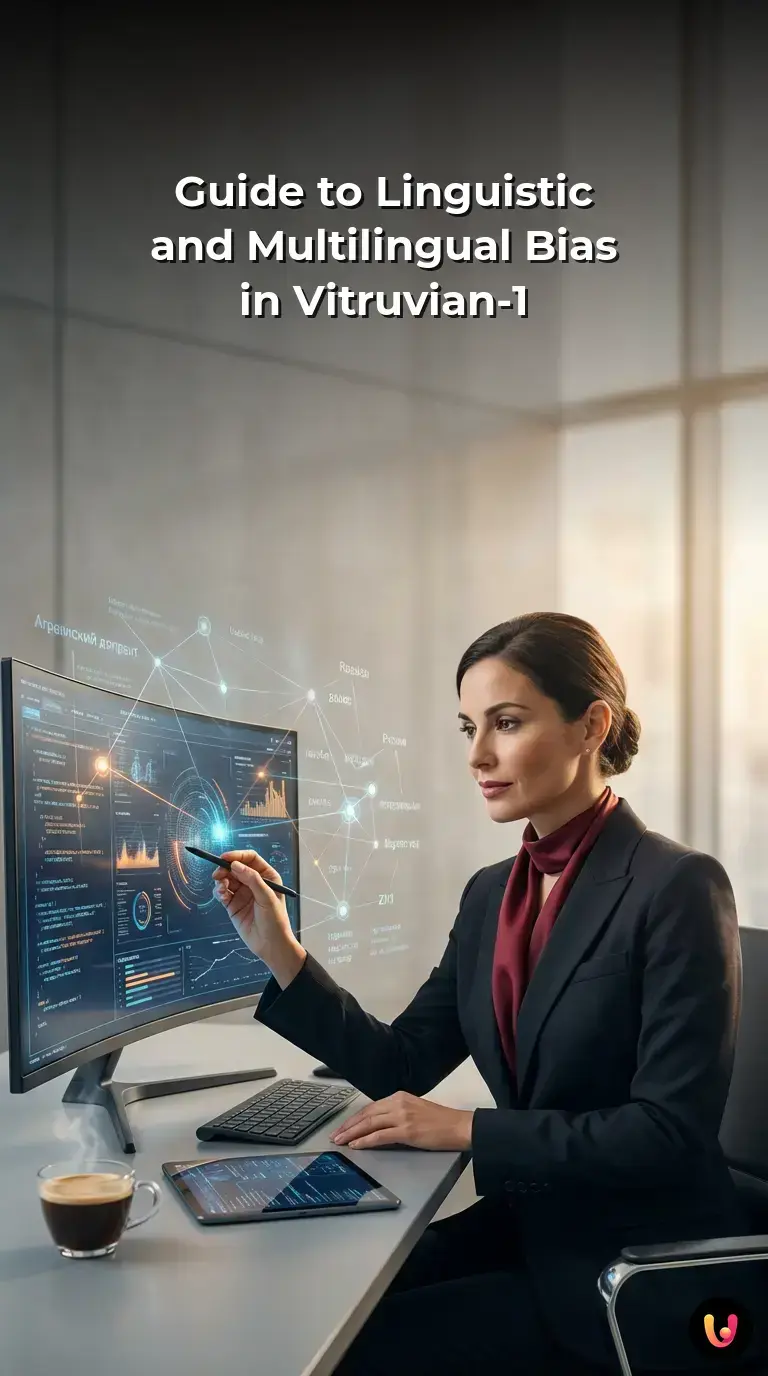 Infographic detailing the Italian linguistic bias and multilingual NLP architecture of Vitruvian-1.