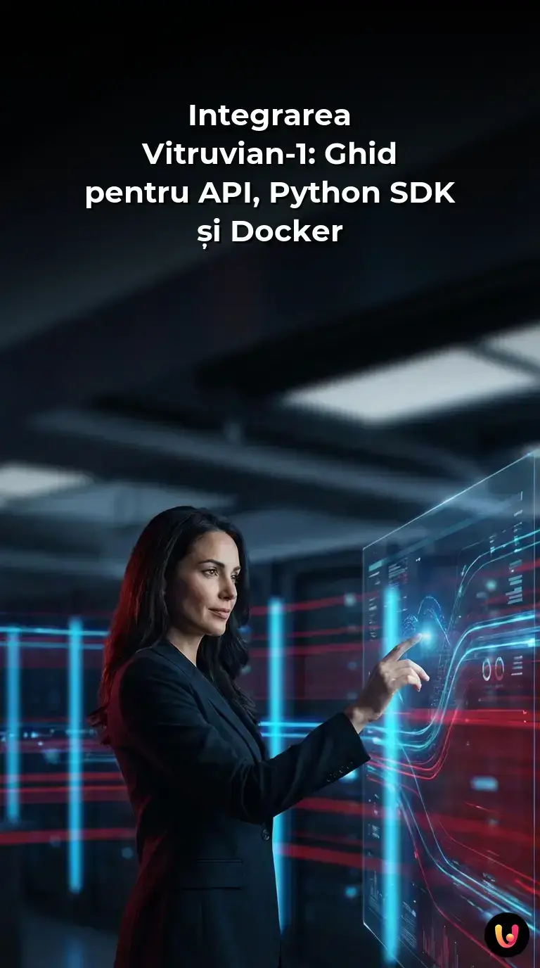 Infografic tehnic despre integrarea Vitruvian-1 folosind API, Python SDK și containere Docker.