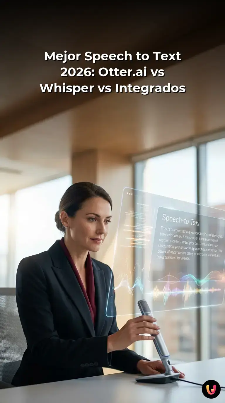 Persona analizando software de transcripci&oacute;n de voz a texto en una pantalla digital moderna.