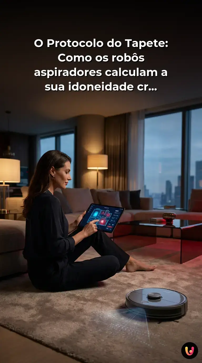 Rob&ocirc; aspirador a limpar um tapete com sensores laser ativados numa sala de estar moderna.