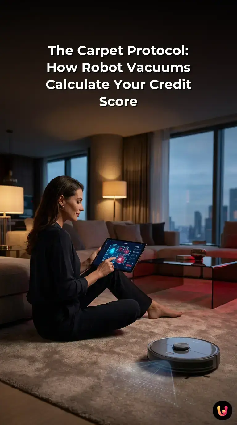 A modern robot vacuum scanning a carpet with glowing digital data overlays.