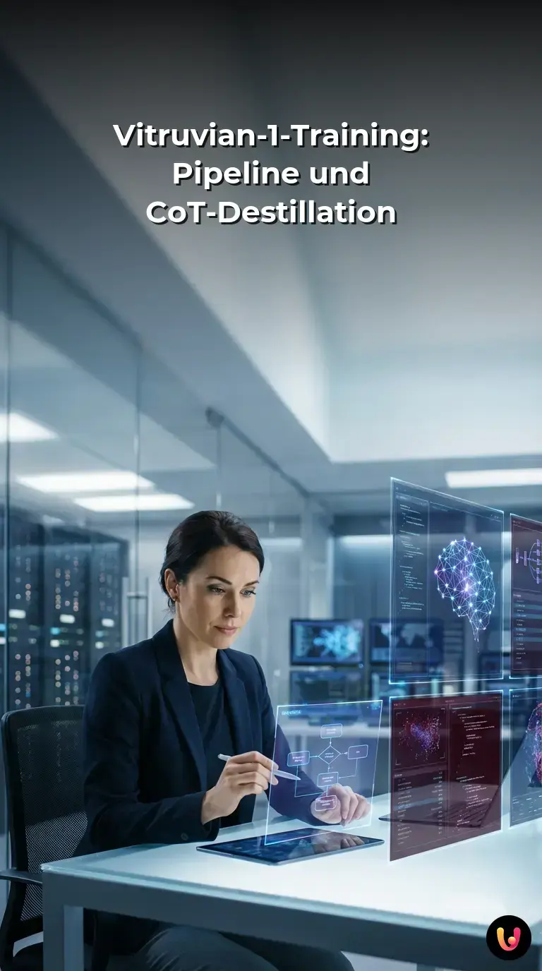 Visuelle Zusammenfassung der komplexen Trainings-Pipeline und CoT-Destillation von Vitruvian-1.