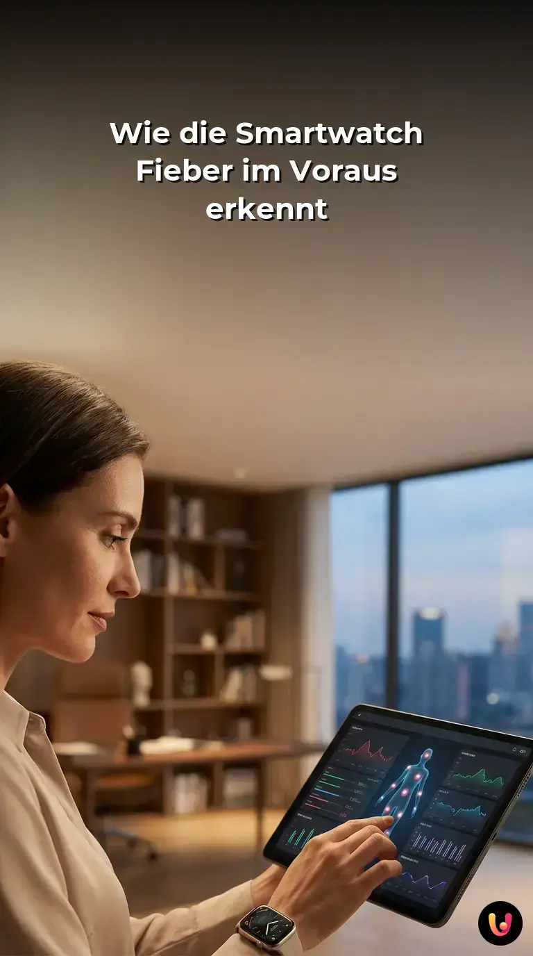 Eine moderne Smartwatch am Handgelenk zeigt detaillierte Gesundheitsdaten und HRV-Werte.