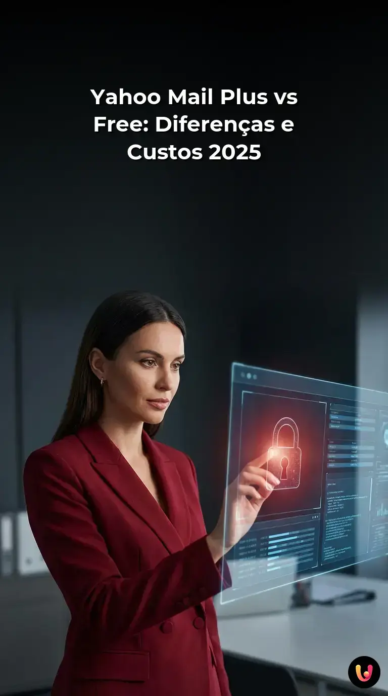 Interface de e-mail comparando os planos gratuito e Plus do Yahoo Mail em 2025.