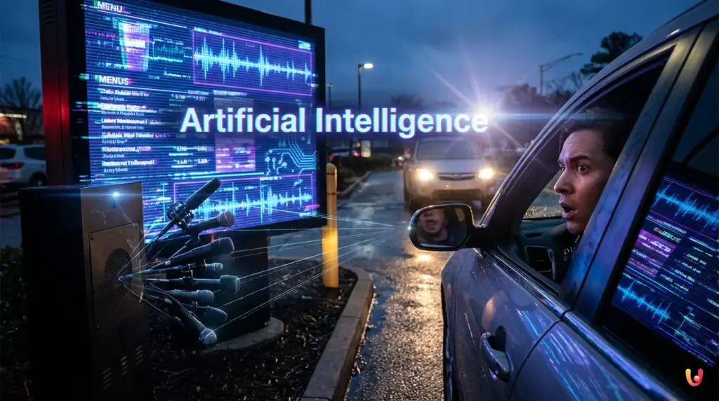 A car stopped at a glowing digital drive-thru menu board at dusk.