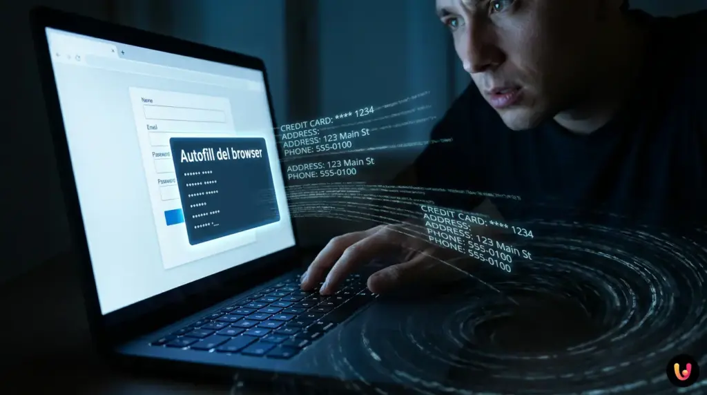 Un utilisateur remplit un formulaire en ligne tandis que des champs invisibles volent ses informations.