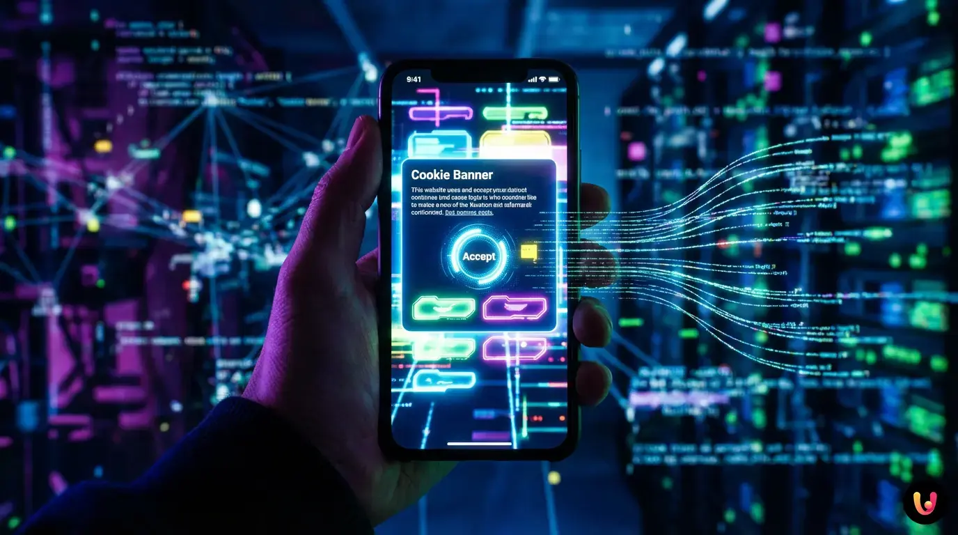 Usuario que pulsa el bot&oacute;n "Aceptar todo" en el banner de cookies de un tel&eacute;fono inteligente.