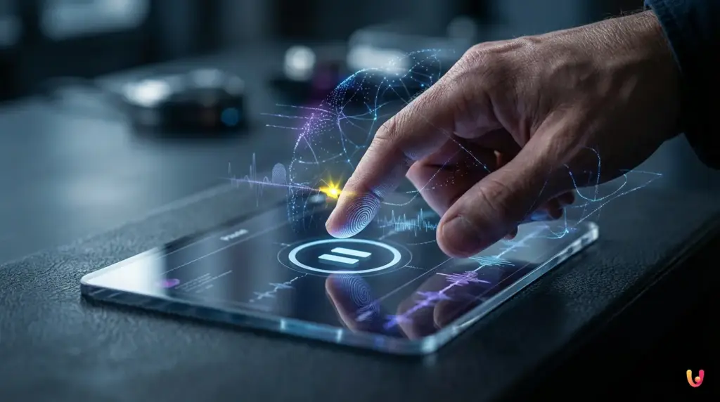 Dito che preme il tasto pausa su uno schermo con grafici di dati biometrici luminosi sovrapposti.