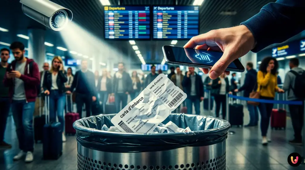 Detalhe de um cart&atilde;o de embarque em papel, com foco no c&oacute;digo de barras e nos dados do passageiro.