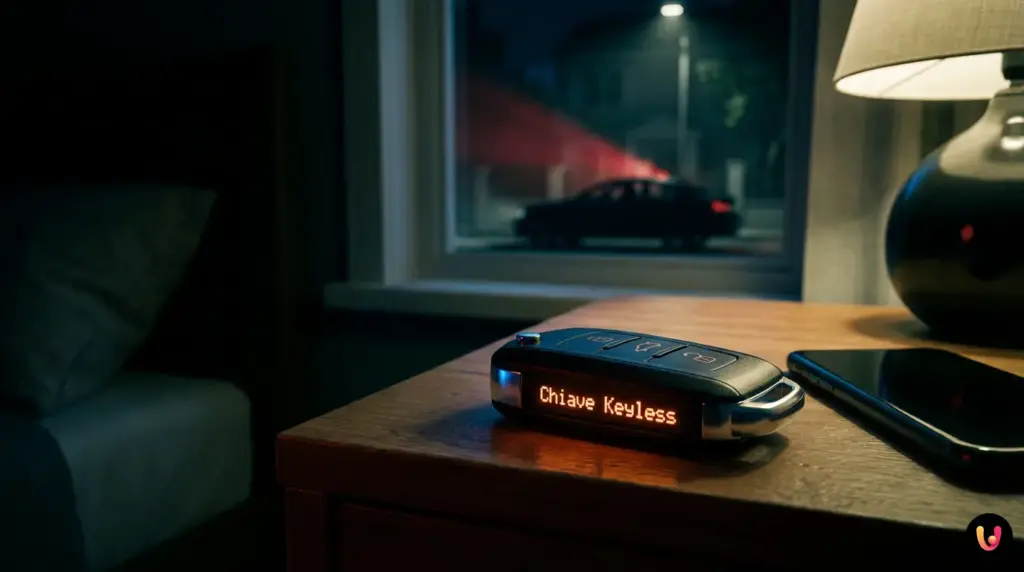 Chiave elettronica keyless appoggiata su un comodino vicino al letto in una stanza buia di notte.