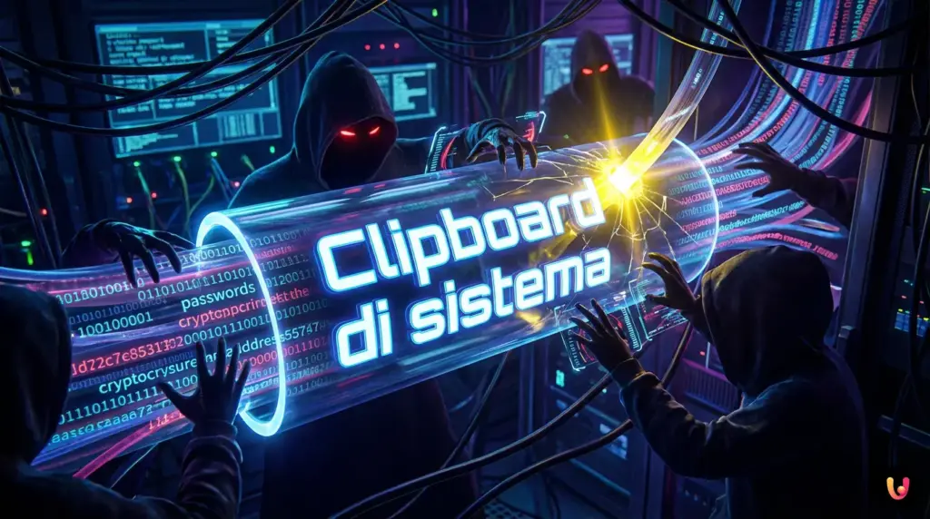 Flusso di dati digitali vulnerabili durante l'azione di copia e incolla.