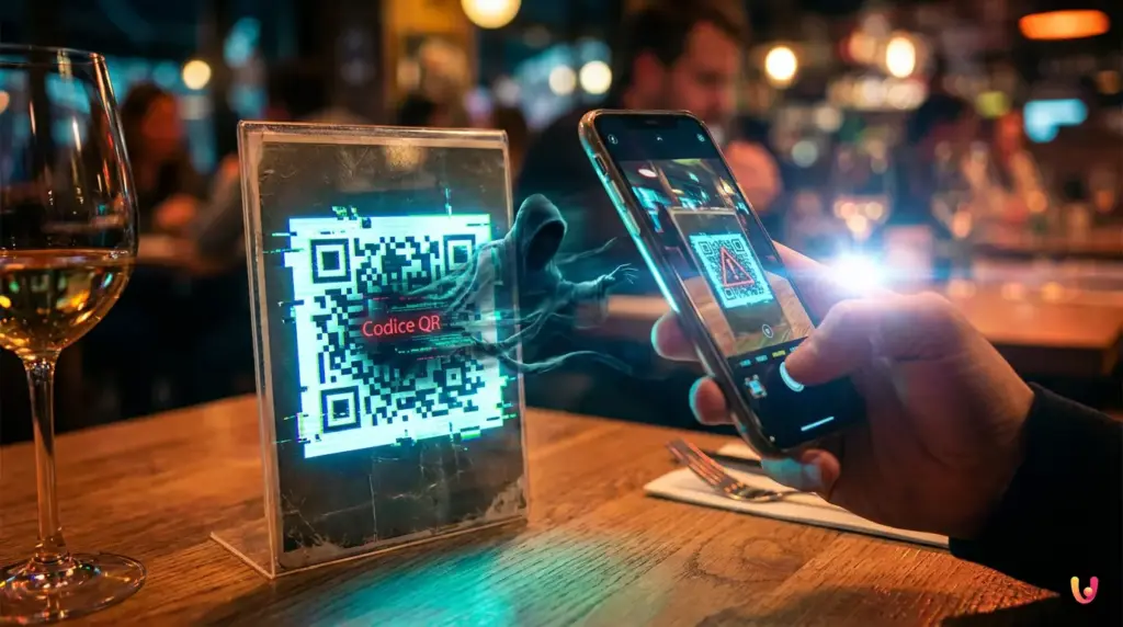 Cliente di un ristorante scansiona un QR code del menu digitale con il cellulare.