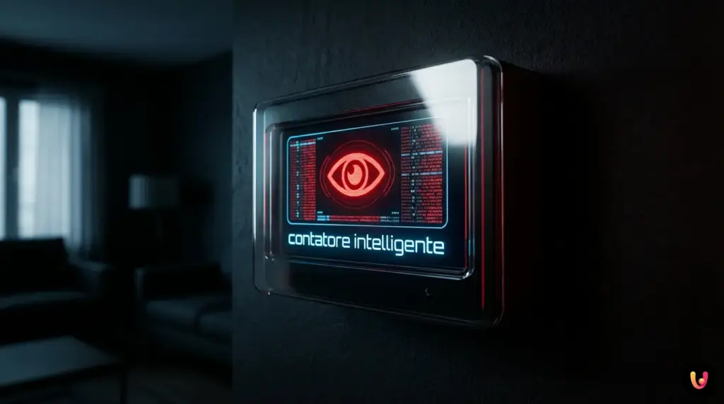 Il monitoraggio silenzioso: cosa svela la casa quando non ci sei Contatore elettrico intelligente luminoso che trasmette dati digitali all'interno di una casa.
