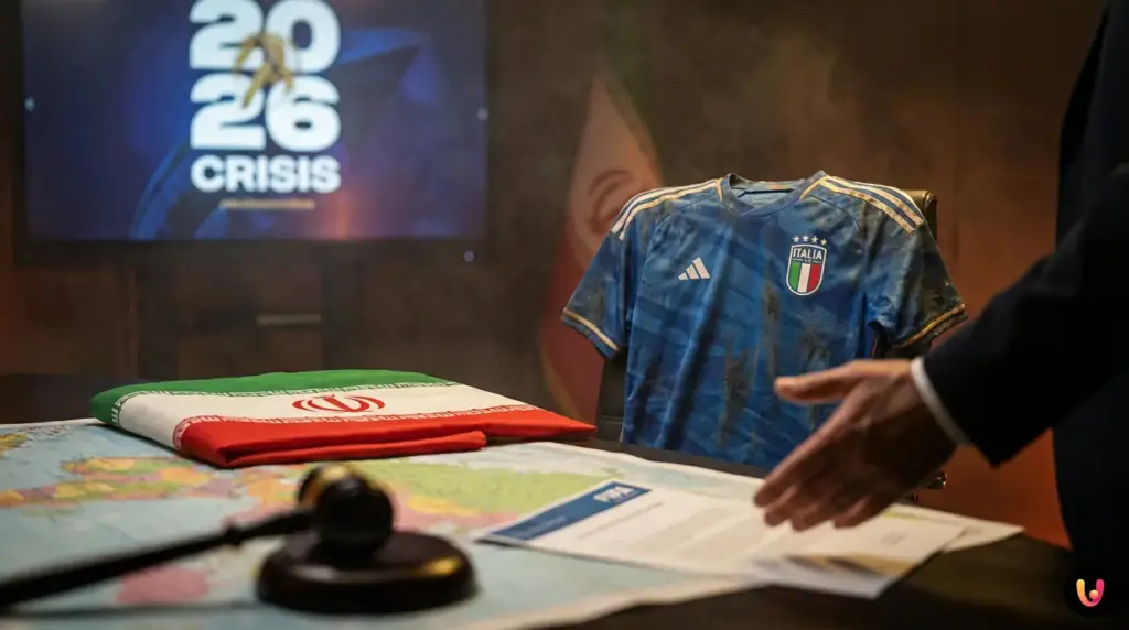 Maglia della Nazionale Italiana di calcio con il logo dei Mondiali 2026 sullo sfondo.