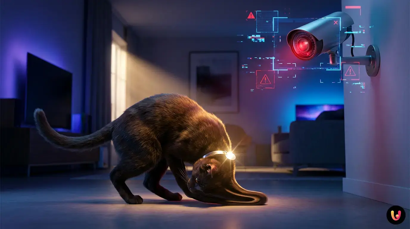 Katze, die von einer &Uuml;berwachungskamera mit KI-Raster aufgenommen wurde.