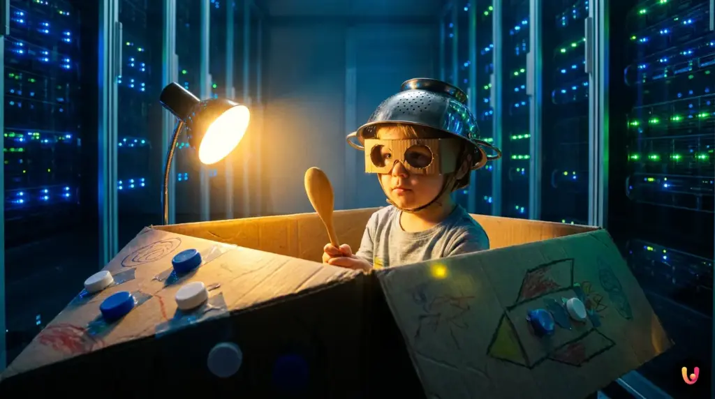 Un copil se joacă transform&acirc;nd o cutie de carton &icirc;ntr-o navă spațială.